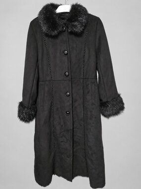 Terry Lewis Classic Lux Black Faux Fur Trim Long Coat XS